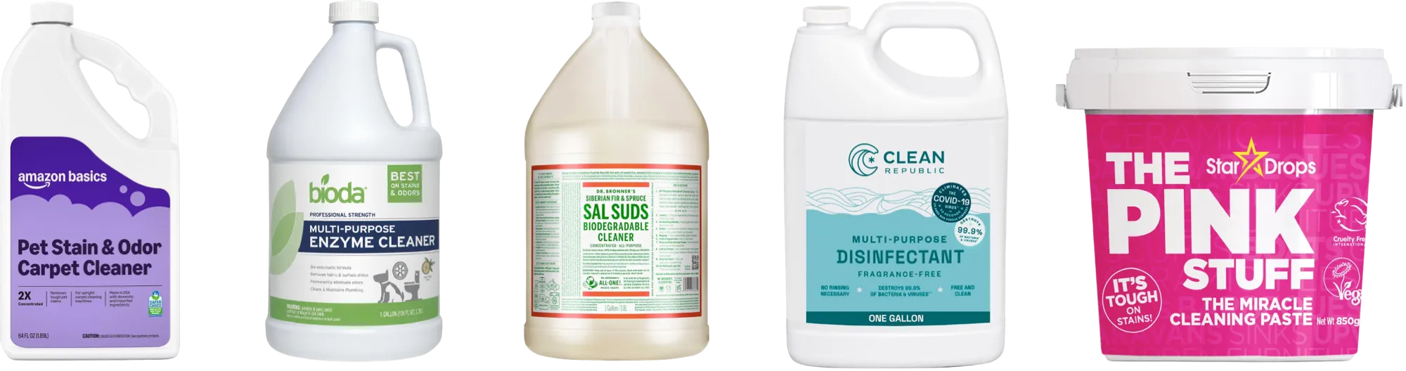 Amazon Basics Pet Stain & Odor Carpet Cleaner, Bioda Multi-Purpose Enzyme Cleaner, Dr. Bronner's Sal Suds Biodegradable Cleaner, Clean Republic Multi-Purpose Disinfectant, Star Drops The Pink Stuff