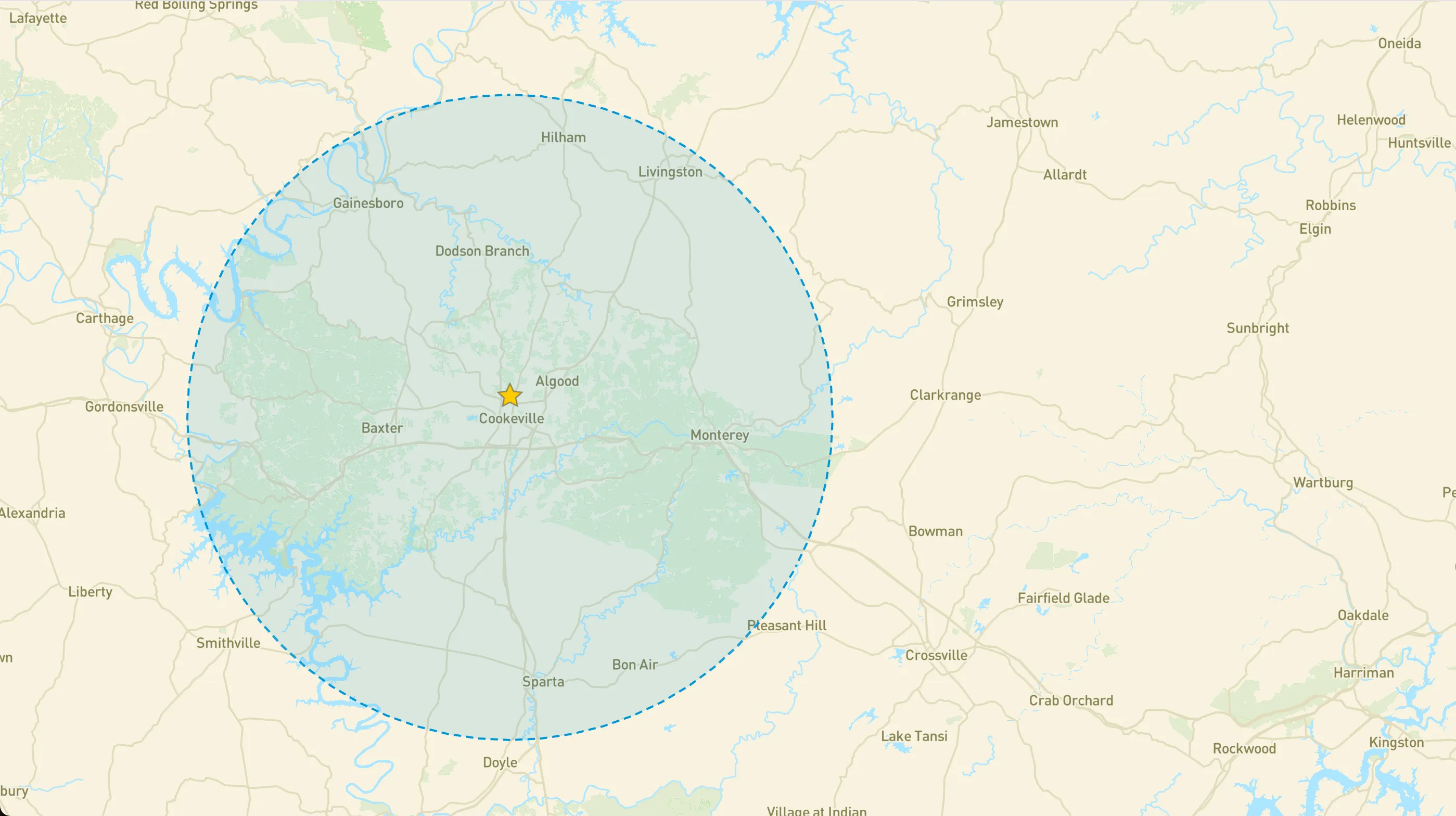 Map of our 20-mile service area around Cookeville, TN